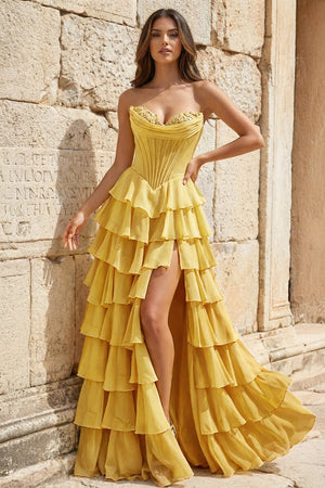 Strapless A-Line Ruffle Long Prom Dress With Split – Prom Dresses by KissProm | Available at KissProm