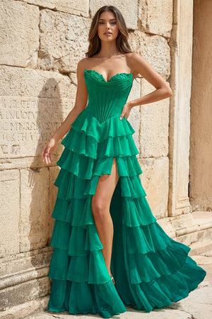 Strapless A-Line Ruffle Long Prom Dress With Split – Prom Dresses by KissProm | Available at KissProm