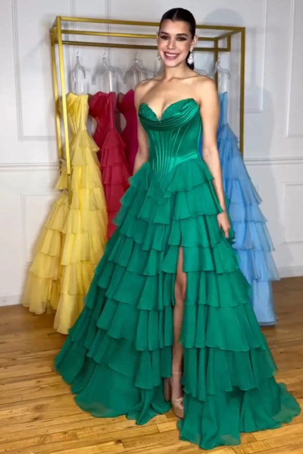 Strapless A-Line Ruffle Long Prom Dress With Split – Prom Dresses by KissProm | Available at KissProm