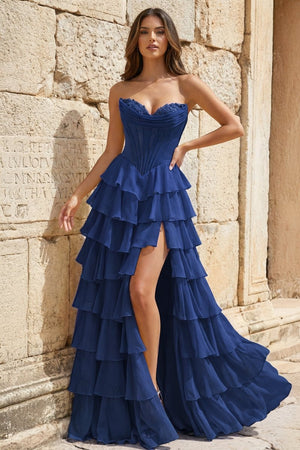 Strapless A-Line Ruffle Long Prom Dress With Split – Prom Dresses by KissProm | Available at KissProm