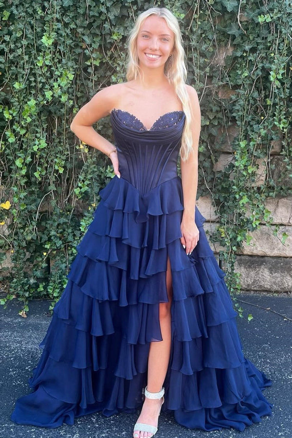 Strapless A-Line Ruffle Long Prom Dress With Split – Prom Dresses by KissProm | Available at KissProm