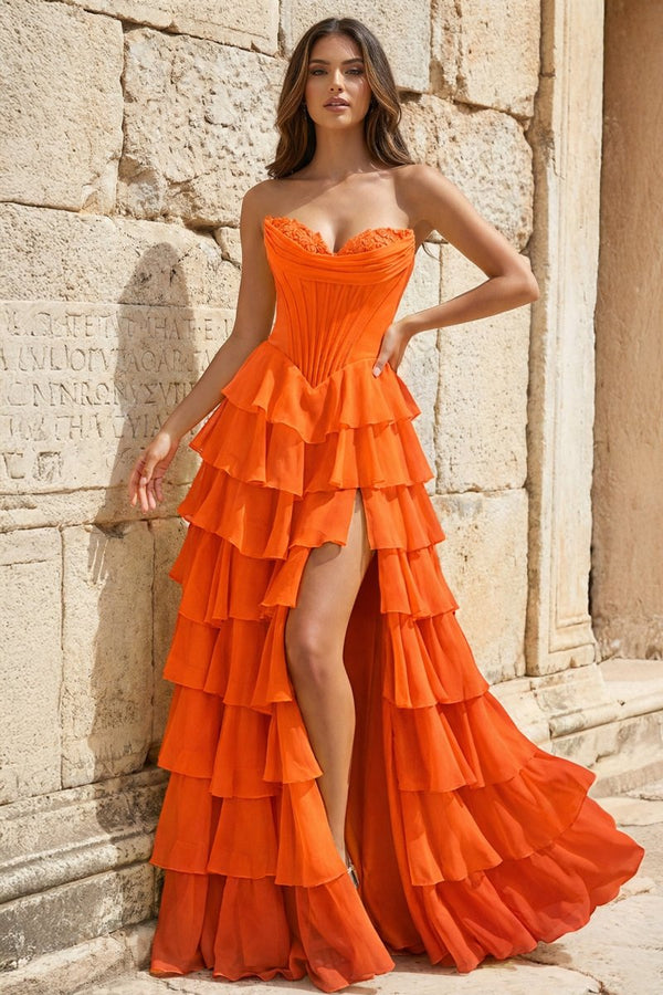 Strapless A-Line Ruffle Long Prom Dress With Split – Prom Dresses by KissProm | Available at KissProm