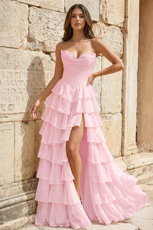 Strapless A-Line Ruffle Long Prom Dress With Split – Prom Dresses by KissProm | Available at KissProm