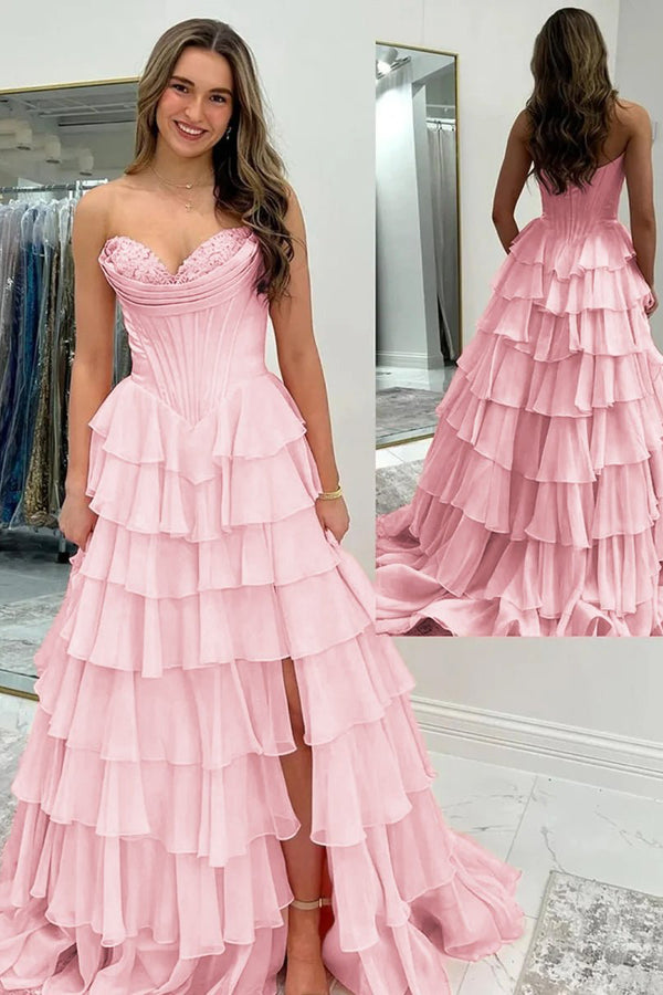 Strapless A-Line Ruffle Long Prom Dress With Split – Prom Dresses by KissProm | Available at KissProm