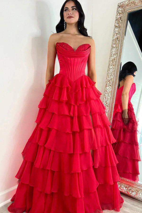Strapless A-Line Ruffle Long Prom Dress With Split – Prom Dresses by KissProm | Available at KissProm