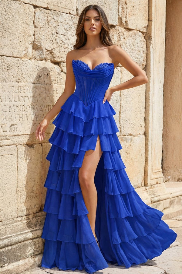 Strapless A-Line Ruffle Long Prom Dress With Split – Prom Dresses by KissProm | Available at KissProm