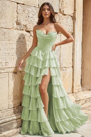 Strapless A-Line Ruffle Long Prom Dress With Split – Prom Dresses by KissProm | Available at KissProm