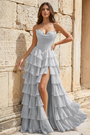 Strapless A-Line Ruffle Long Prom Dress With Split – Prom Dresses by KissProm | Available at KissProm