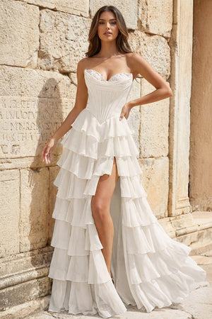 Strapless A-Line Ruffle Long Prom Dress With Split – Prom Dresses by KissProm | Available at KissProm