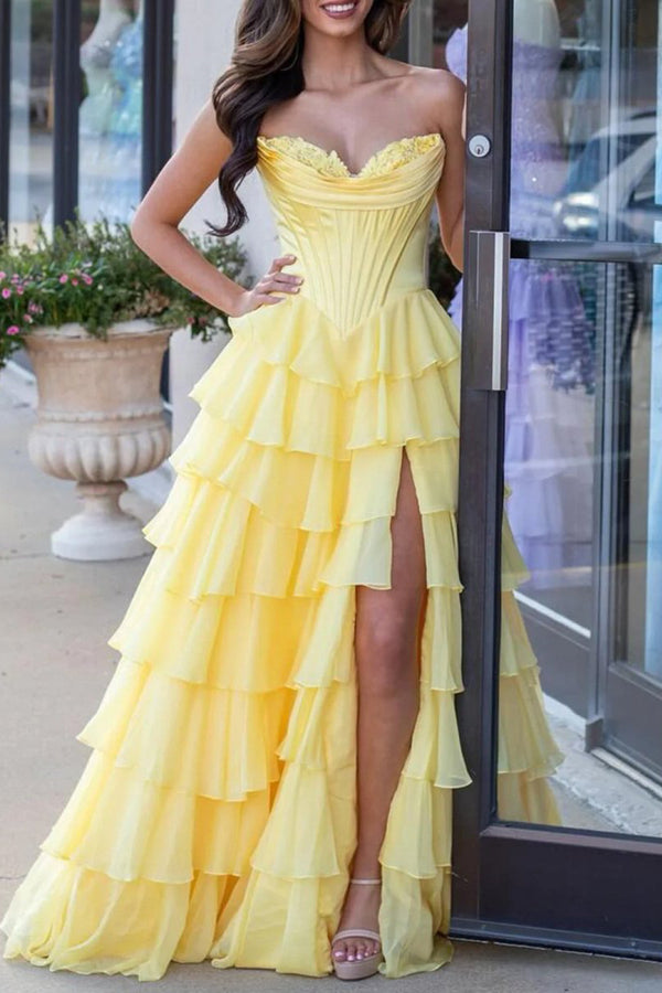Strapless A-Line Ruffle Long Prom Dress With Split – Prom Dresses by KissProm | Available at KissProm