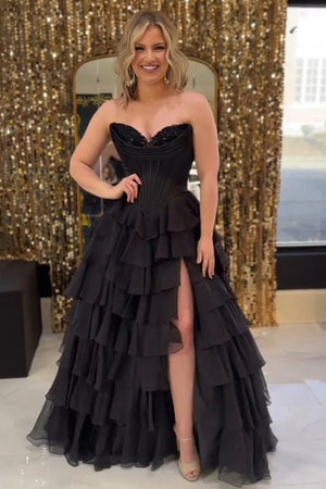 Strapless A-Line Ruffle Long Prom Dress With Split – Prom Dresses by KissProm | Available at KissProm