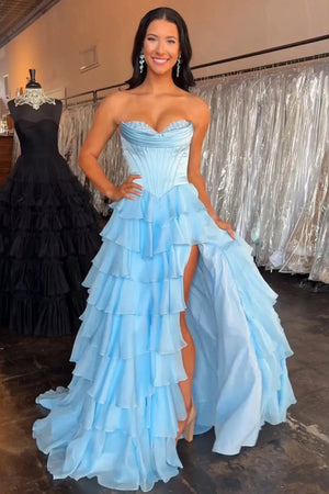 Strapless A-Line Ruffle Long Prom Dress With Split – Prom Dresses by KissProm | Available at KissProm