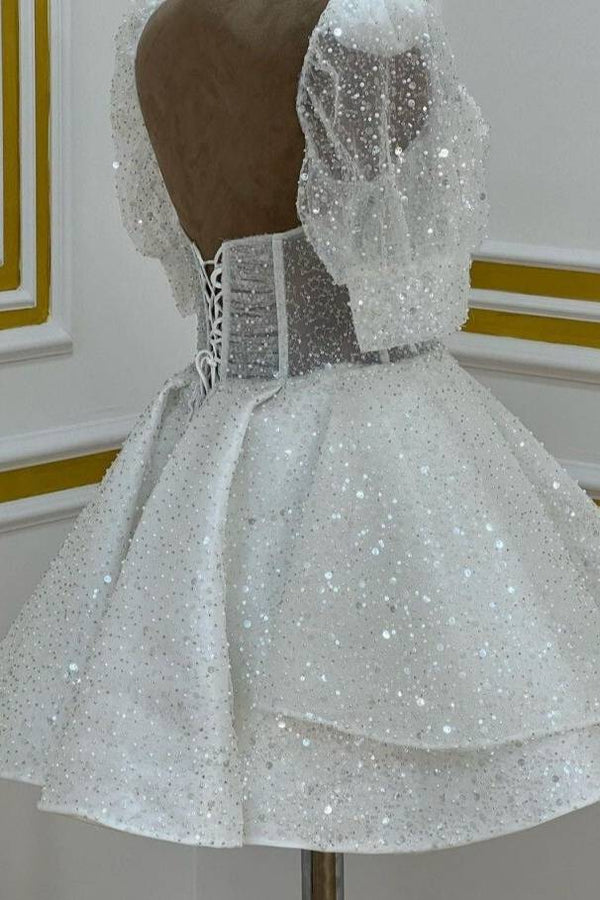 Arlise | Sweetheart White Sequin Short Homecoming Dress With Puff Sleeves