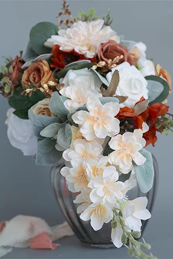 Artificial Orange Rose Peony Cascade Wedding Flower Bouquets - KissProm