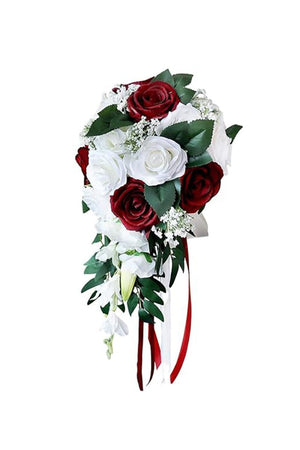 Artificial Red Rose Cascade Wedding Flower Bouquets with Ribborn