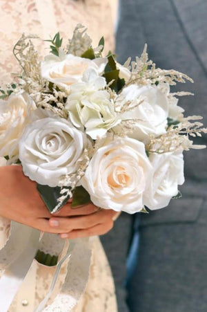 Artificial White Rose Cascade Wedding Flower Bouquets - KissProm