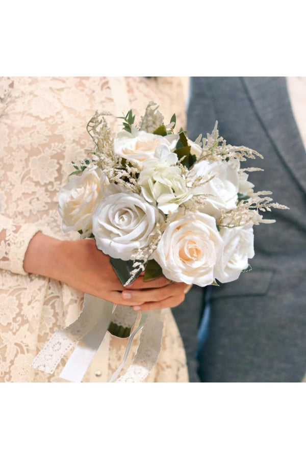 Artificial White Rose Cascade Wedding Flower Bouquets - KissProm