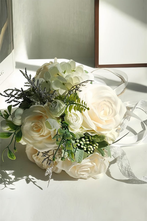 Artificial White Silk Rose Peony Cascade Wedding Bouquet Flowers - KissProm