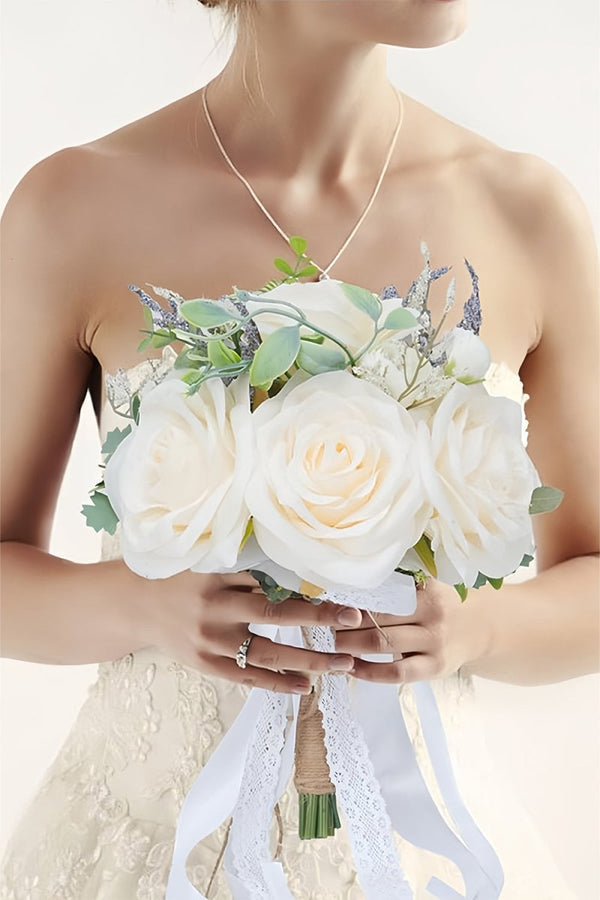 Artificial White Silk Rose Peony Cascade Wedding Bouquet Flowers - KissProm