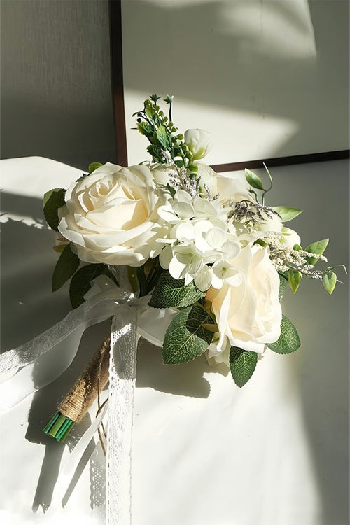 Artificial White Silk Rose Peony Cascade Wedding Bouquet Flowers - KissProm