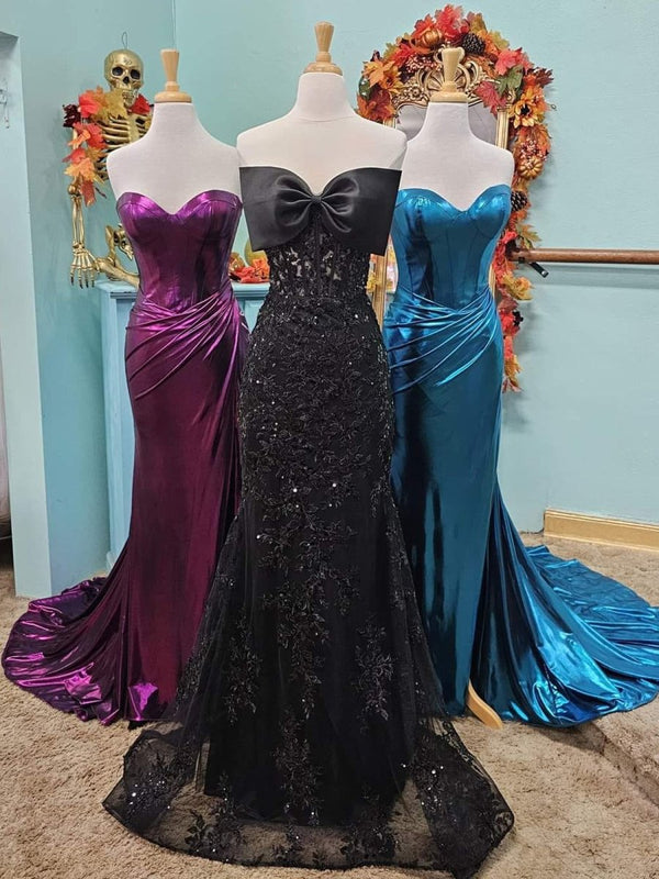 Arvin | Strapless Mermaid Lace Appliques Long Prom Dress with Bow