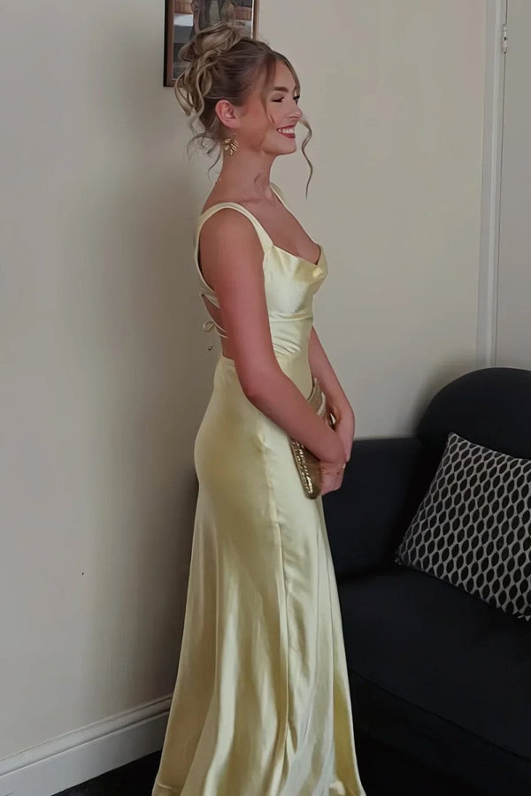 Auren | Yellow - A - Line Square Neck Satin Long Prom Dresses with Slit - KissProm