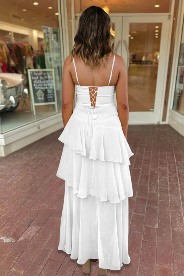 Ayella | White - Spaghetti Straps Sheath Chiffon Pleated Formal Prom Dresses With Ruffles - KissProm