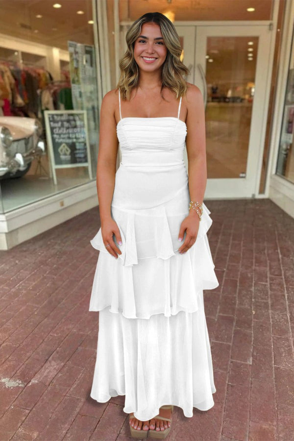 Ayella | White - Spaghetti Straps Sheath Chiffon Pleated Formal Prom Dresses With Ruffles - KissProm