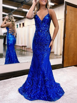 Spaghetti Straps Pink Glitter Backless Mermaid Bodycon Long Prom Dress – Prom Dress by KissProm | Available at KissProm