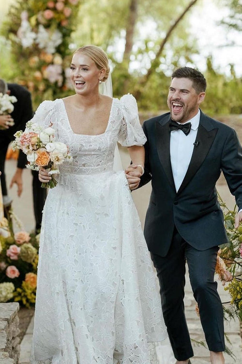 A-Line Square Neck Vintage Lace Wedding Dresses – Wedding Dresses by KissProm | Available at KissProm