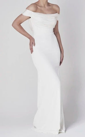 Off-the-shoulder Elegant Mermaid Satin Wedding Dress With Tiers And V-back
