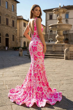 Pink V Neck Sequin Lace Mermaid Prom Dress - KissProm