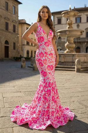 Pink V Neck Sequin Lace Mermaid Prom Dress - KissProm