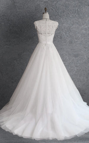 Ball Gown Cap Sleeve Lace Satin Dress With Beading Appliques Illusion - KissProm