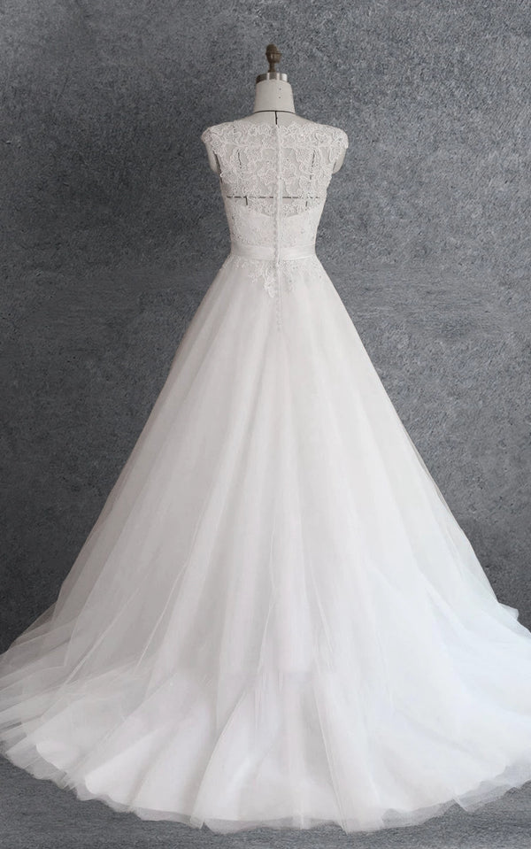 Ball Gown Cap Sleeve Lace Satin Dress With Beading Appliques Illusion - KissProm