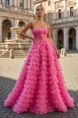 Ball Gown Sweetheart Pink Tiered Printed Tulle Prom Dress - KissProm