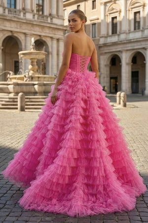 Ball Gown Sweetheart Pink Tiered Printed Tulle Prom Dress - KissProm