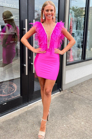 Barbie Pink Plunge V Fitted Short Dress with Feathers – Homecoming Dresses by KissProm | Available at KissProm