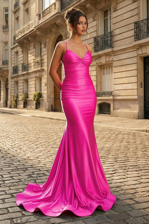 Mermaid Spaghetti Straps Blue Satin Long Prom Dress with Criss Cross Back - KissProm