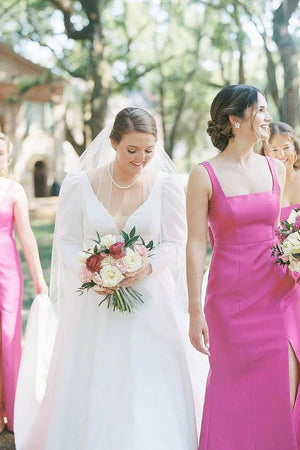 Sheath Square Neck Fuchsia Satin Bridesmaid Dresses with Bow - KissProm