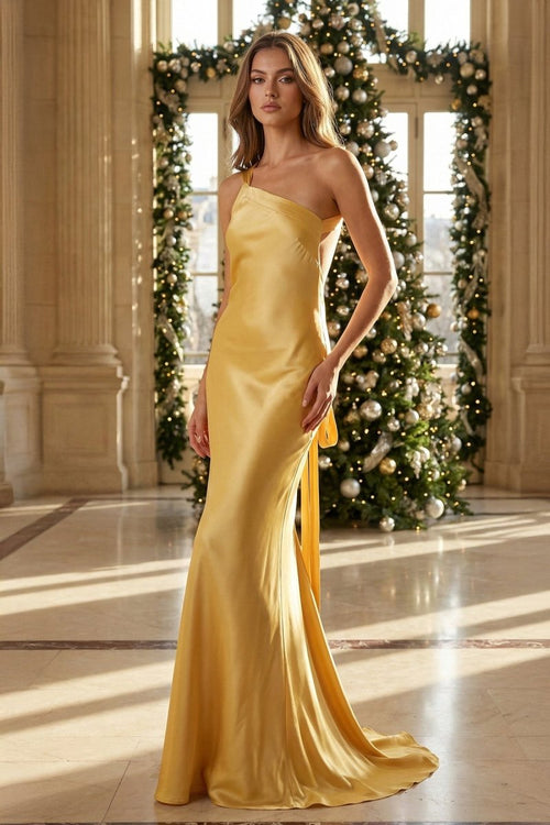 Celvany | Yellow - One Shoulder Sheath Satin Backless Long Prom Dresses - KissProm