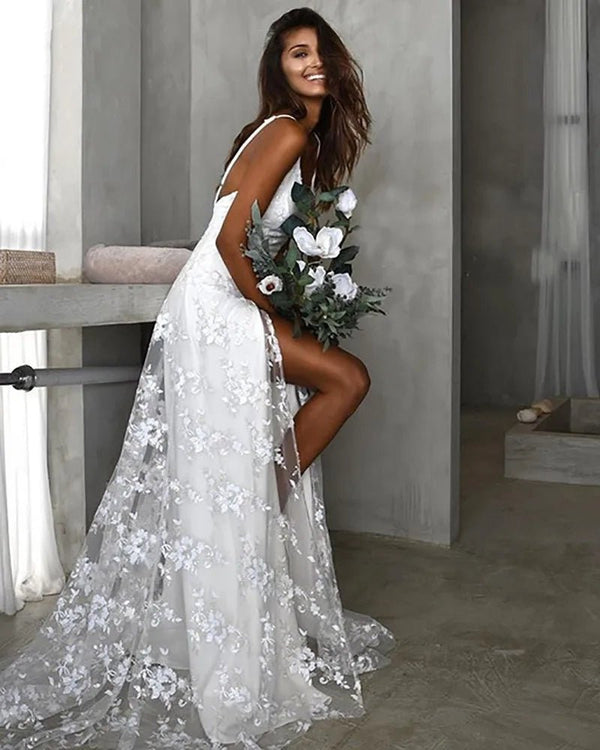 Beach V-Neck Sparkly Lace Wedding Dresses With Split Front – Wedding Dresses by Kissprom | Available at KissProm