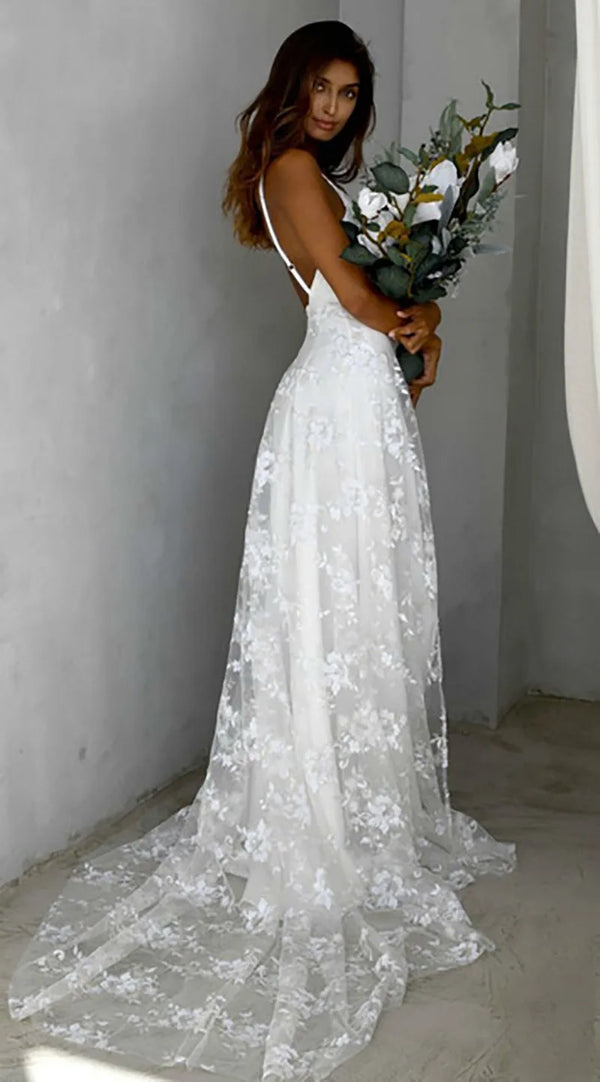 Beach V-Neck Sparkly Lace Wedding Dresses With Split Front – Wedding Dresses by Kissprom | Available at KissProm