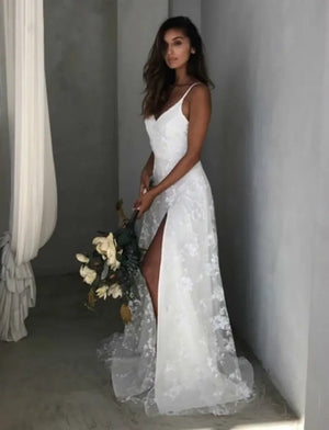 Beach V-Neck Sparkly Lace Wedding Dresses With Split Front – Wedding Dresses by Kissprom | Available at KissProm