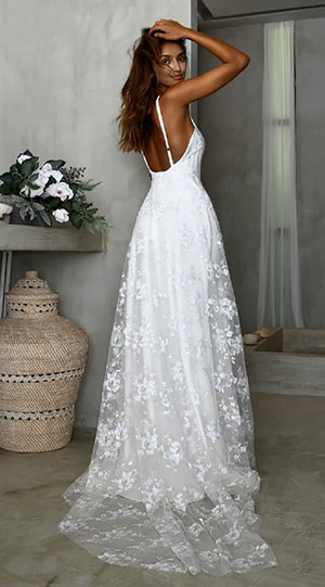 Beach V-Neck Sparkly Lace Wedding Dresses With Split Front – Wedding Dresses by Kissprom | Available at KissProm