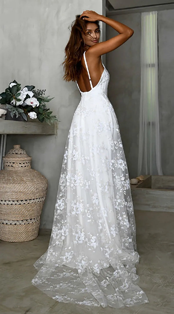 Beach V-Neck Sparkly Lace Wedding Dresses With Split Front – Wedding Dresses by Kissprom | Available at KissProm