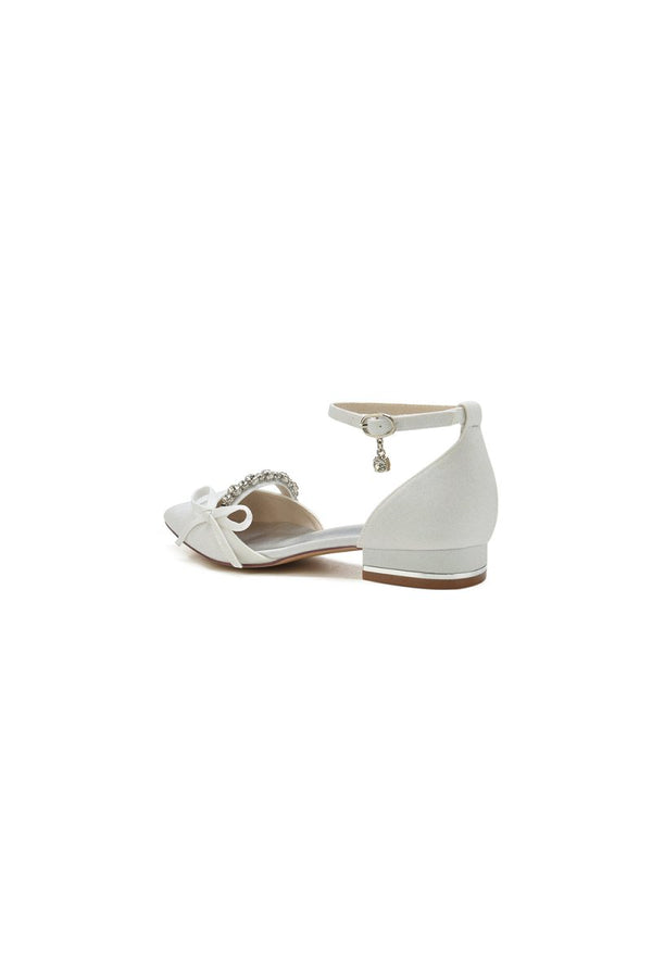 Beaded Pointed Toe Ankle Strap Wedding Shoes With Bow - KissProm