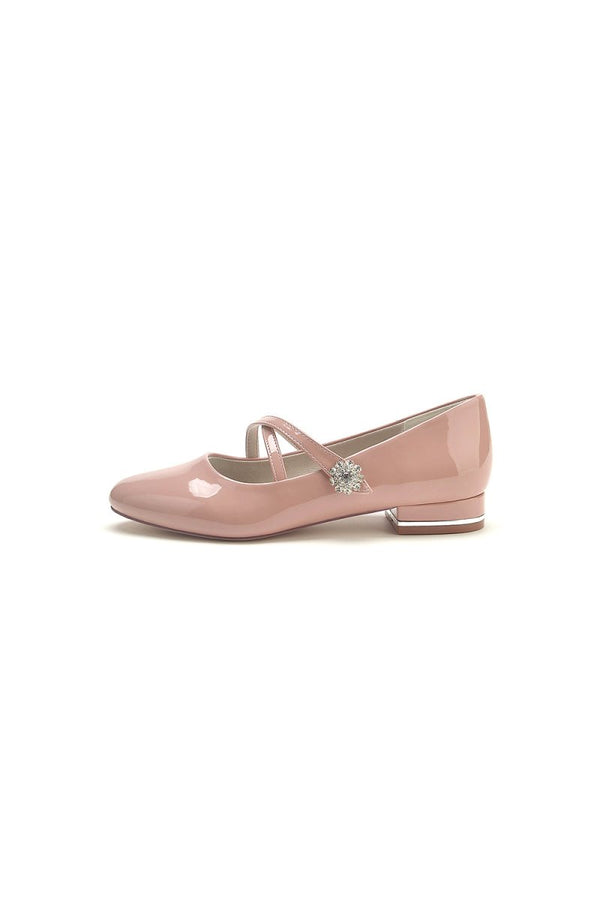 Beaded Pointed Toe Strap Buckle Patent Leather Low Heels - KissProm