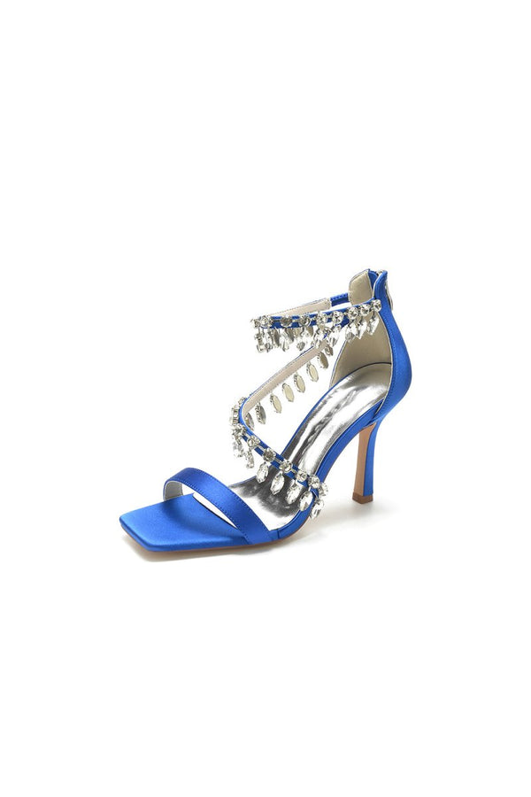Beaded Square Open Toe Ankle Strap Satin Stiletto Heels - KissProm