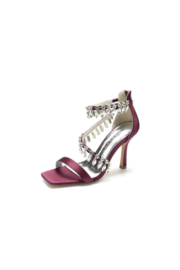 Beaded Square Open Toe Ankle Strap Satin Stiletto Heels - KissProm
